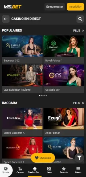 Jeux de casino en direct de Melbet