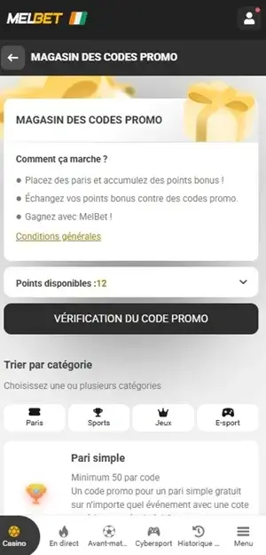 magasin de codes promo melbet