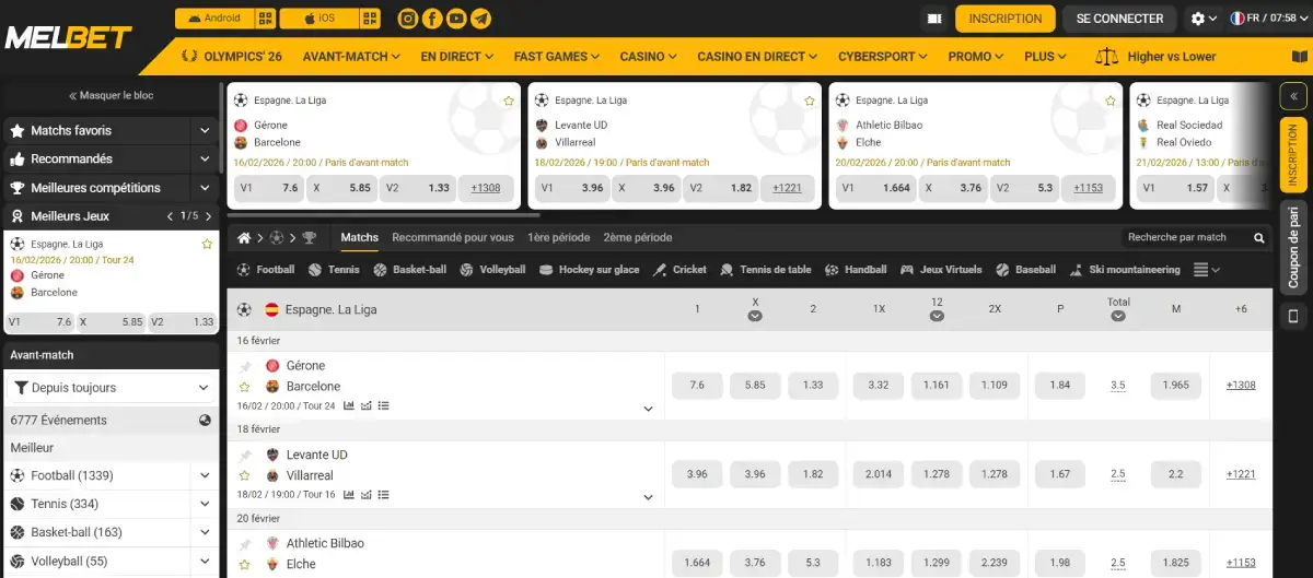 Page d'accueil Melbet Sports