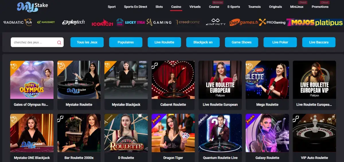 MyStake page d'accueil du casino