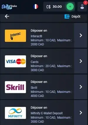 mystake casino méthodes de dépôt