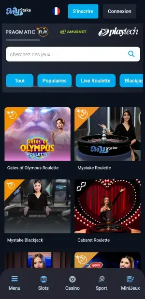 MyStake casino en direct sur mobile