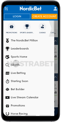 nordicbet android app navigation menu