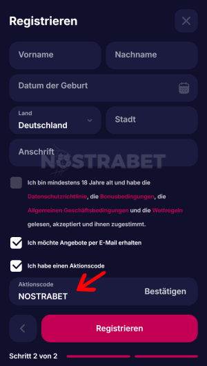 NV Casino Bonuscode-Eingabefeld
