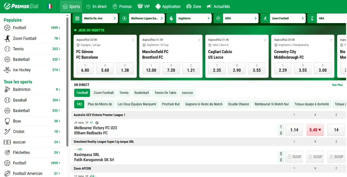 Page d'accueil Premierbet Sports