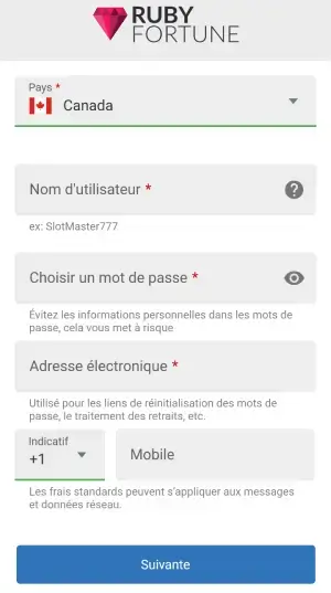 Ruby Fortune enregistrement mobile