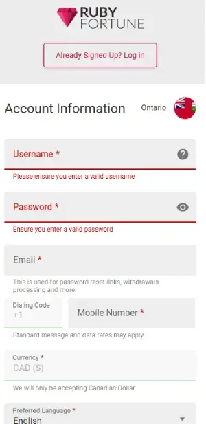 Ruby Fortune registration Ontario