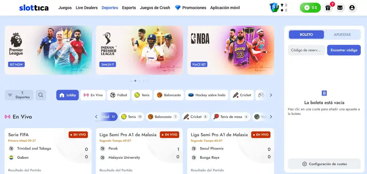 Slottica página de inicio de deportes