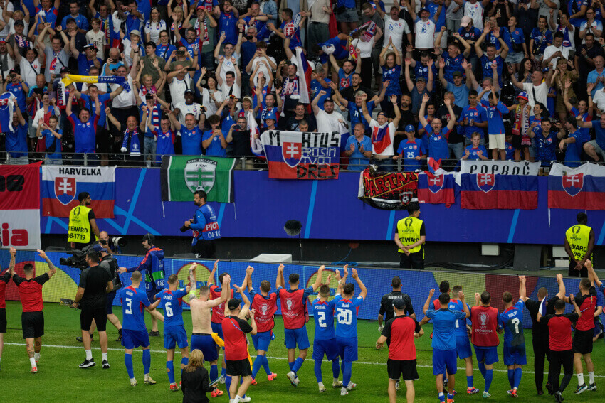 Slovakia players celebrate with fans