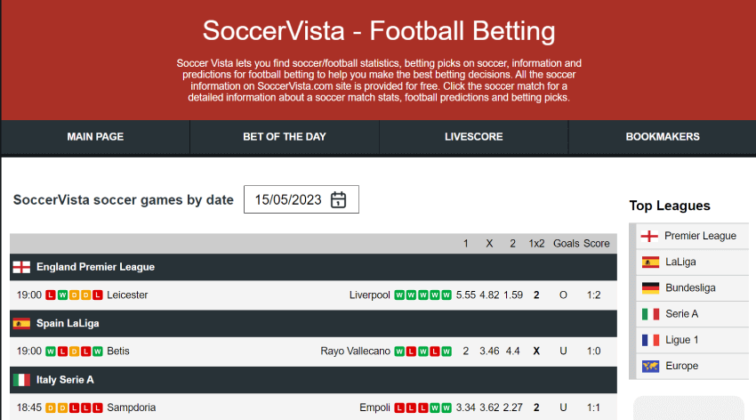 Soccervista livescore outlet