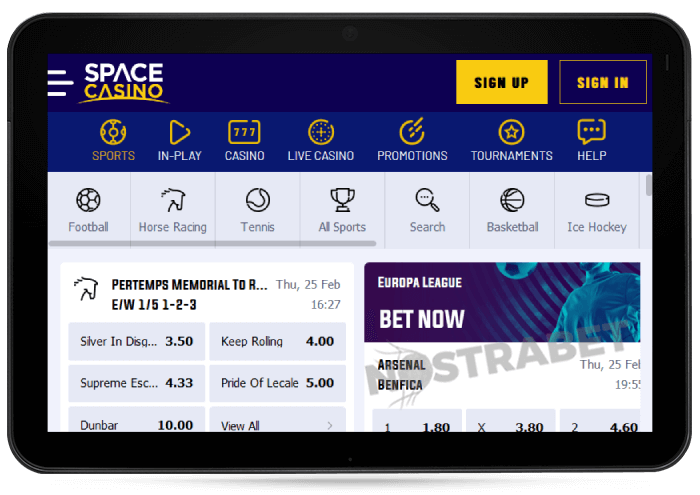 SpaceCasino Sport Mobile Version on Tablet