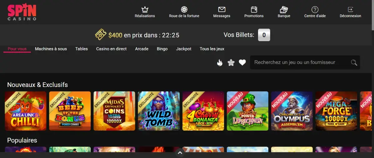 Spin Casino page d'accueil du casino