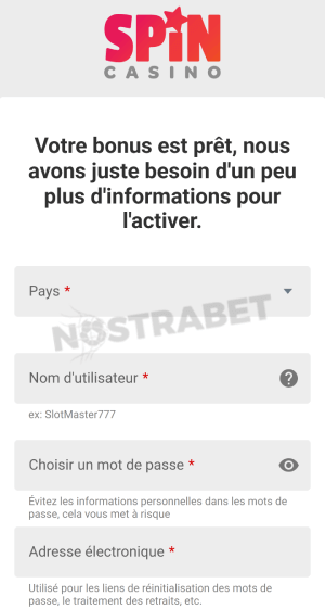 Spin Casino enregistrement mobile
