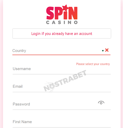 Spin Casino signup form