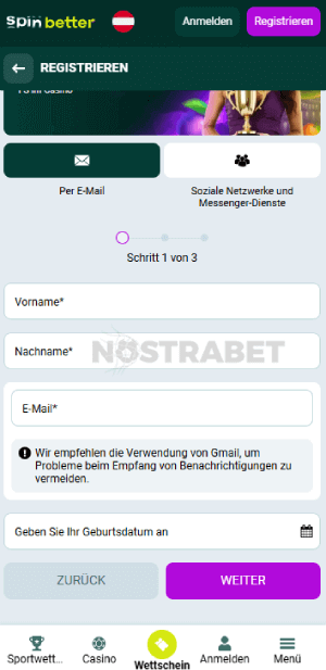 Spinbetter Registrierung