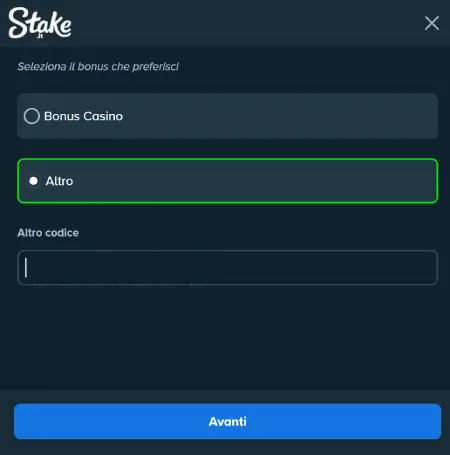Inserisci il codice bonus Stake