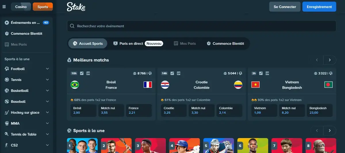 Stake page d'accueil sports