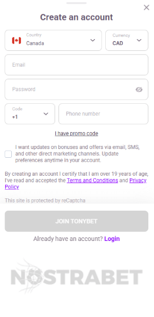 Tonybet registration