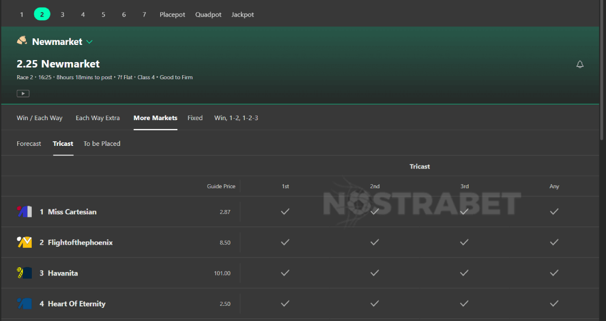 Tricast betting market on horse racing event