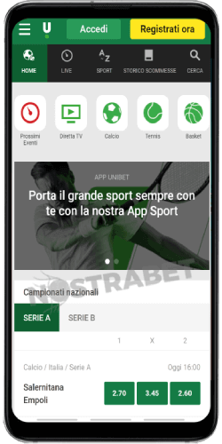 home page dell'app Android unibet