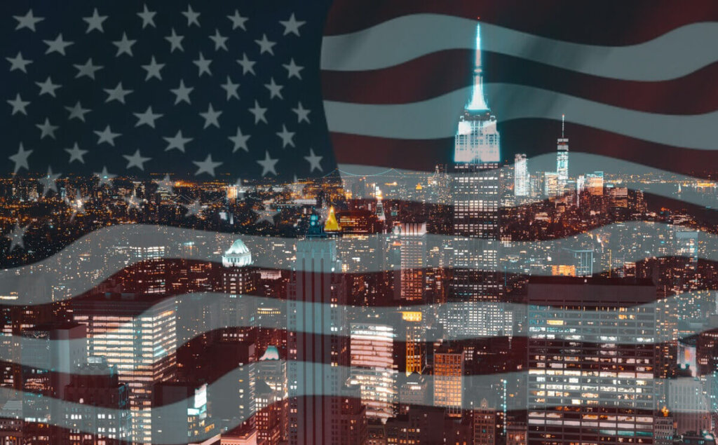 USA flag, city
