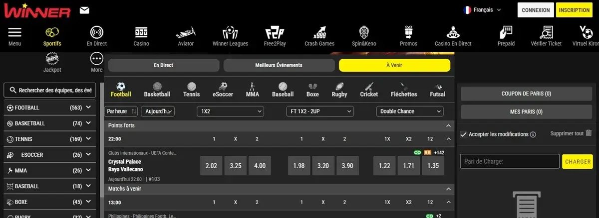 page d'accueil du sport winnerbet