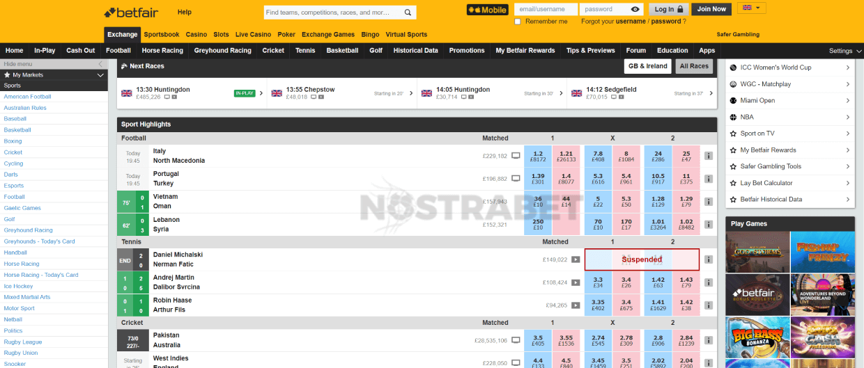 homepage of betfair